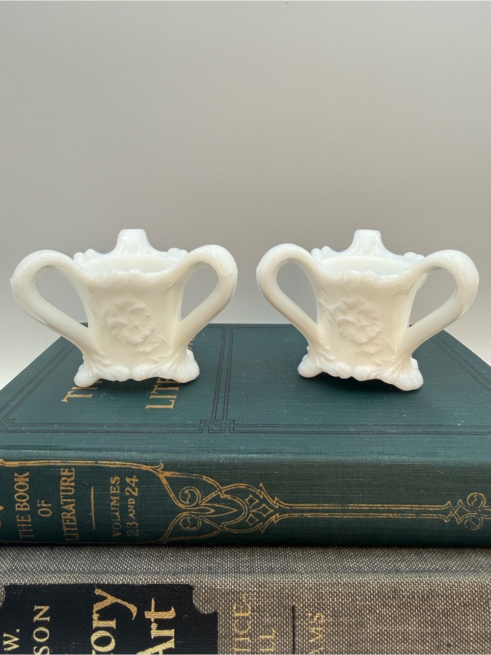 2 Vintage Kemple Pansy Milk Glass Toothpick/Match Holder 3 Handles Footed